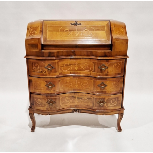 1161 - Reproduction marquetry inlaid bureau, the fall-front enclosing two fitted drawers and pigeonholes ov... 