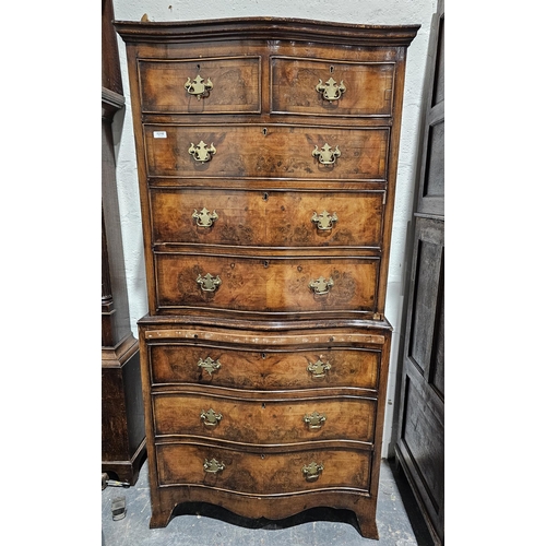 1216 - Georgian-style walnut serpentine tallboy, the chest-on-chest with two short drawers above three long... 