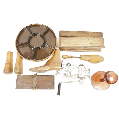 124 - Assorted shoe maker's tools, a wig stand, a wood and press moulded glass hors d'oeuvres set, a 30 Na... 