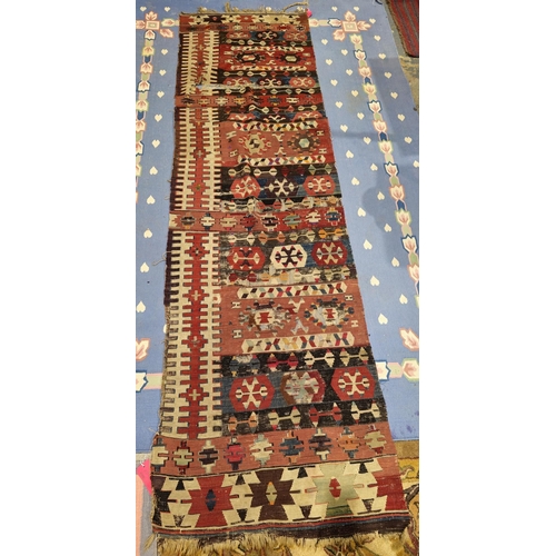 1274 - Early 20th kilim, probably Turkish, with geometric bands in red, brown and blue tones, within tooth ... 