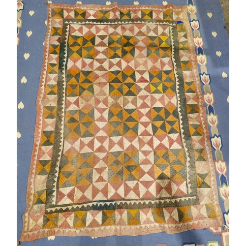 1275 - Early 20th century Pakistani quilt, perhaps Ralli, with chequered design in pink, green, ochre, back... 