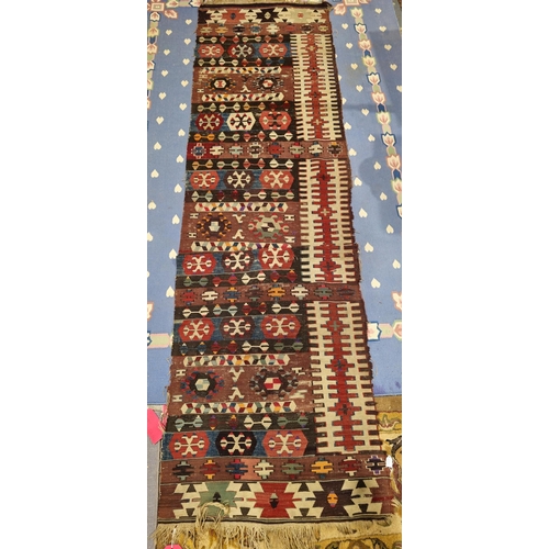 1277 - Early 20th century kilim, probably Turkish, woven with geometric bands in red, brown and blue tones,... 