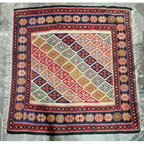 1287 - Serabend kilim, woven with triangular and lozenge-shaped medallions within geometric borders in blue... 