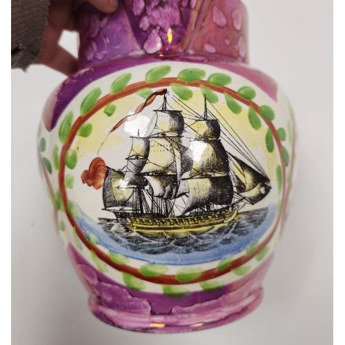 19 - Early 19th century Sunderland pink lustre jug, printed with a ship and related verse, the other side... 