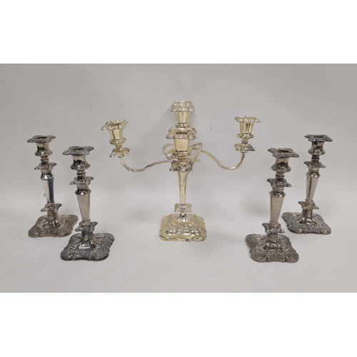 254 - Silver-plated five-light candelabrum having four scroll branches and centre column with chased borde... 