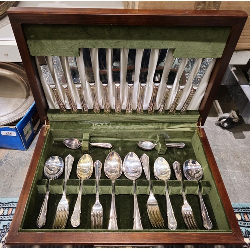 269 - Canteen of EPNS cutlery for 12, stamped K&D, in hinged wooden canteen, a set of antler handled flatw... 