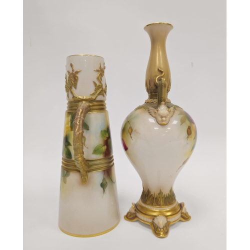 28 - Royal Worcester blush ivory ground baluster two-handled vase with dolphin handles, raised on scroll ... 