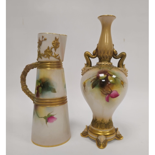 28 - Royal Worcester blush ivory ground baluster two-handled vase with dolphin handles, raised on scroll ... 