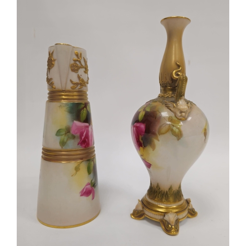 28 - Royal Worcester blush ivory ground baluster two-handled vase with dolphin handles, raised on scroll ... 