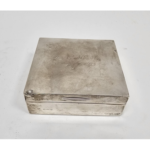 287 - George V silver cigarette box of square form, opening to reveal a wood lined interior, hallmarked Bi... 