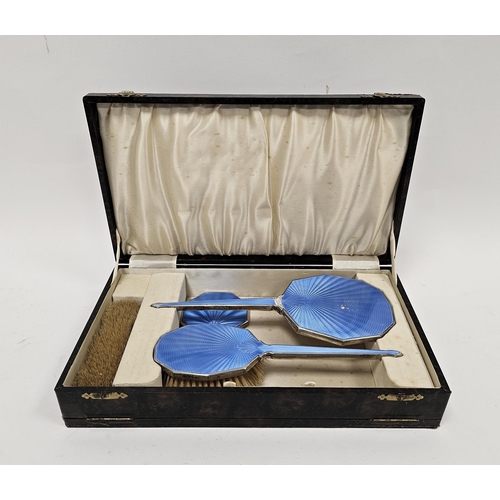 299 - Art Deco silver and blue guilloche enamel mounted dressing table set comprising compact, hand mirror... 