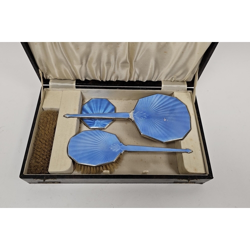 299 - Art Deco silver and blue guilloche enamel mounted dressing table set comprising compact, hand mirror... 