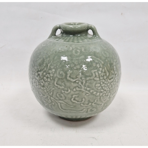 3 - Chinese Ming-style Longquan celadon globular two-handled vase, probably 19th/20th century, moulded w... 