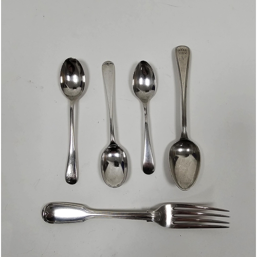 302 - Early Victorian silver fork, hallmarked London 1844, makers mark rubbed, three silver teaspoons and ... 