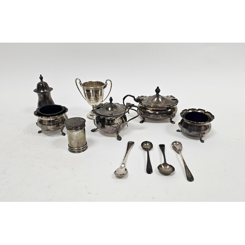 305 - Assortment of silver condiment wares including two lidded mustard pots, a salt and pepper, two open ... 