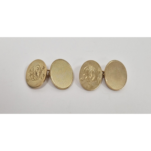 337 - Pair 9ct gold chain-pattern cufflinks, oval and engine-turned and monogrammed, 13.4g total approx.