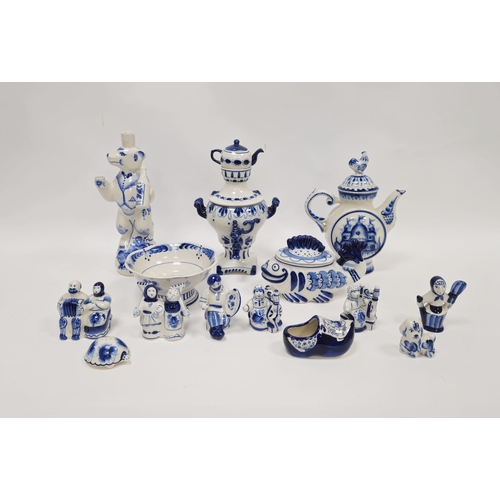 34 - Group of Russian (Ghzel) and other items, all in blue and white, 20th century, including a teapot an... 