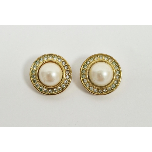 355 - Pair of mid century Dior clip on earrings, cabochon faux pearl surrounded by white stones, set in ye... 