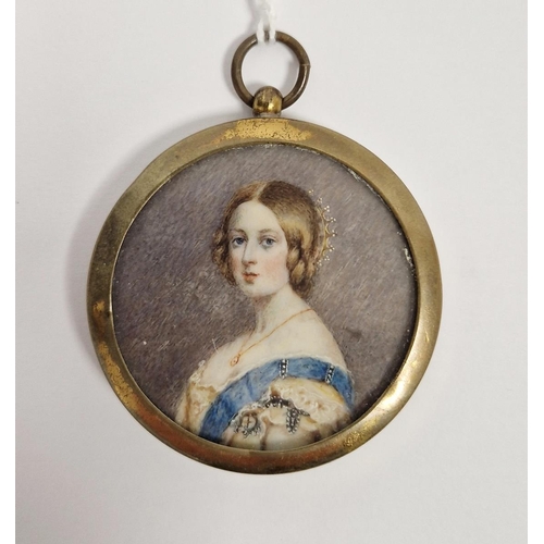 356A - 19th century portrait miniature after Franz Xavier Winterhalter, of young Queen Victoria, watercolou... 