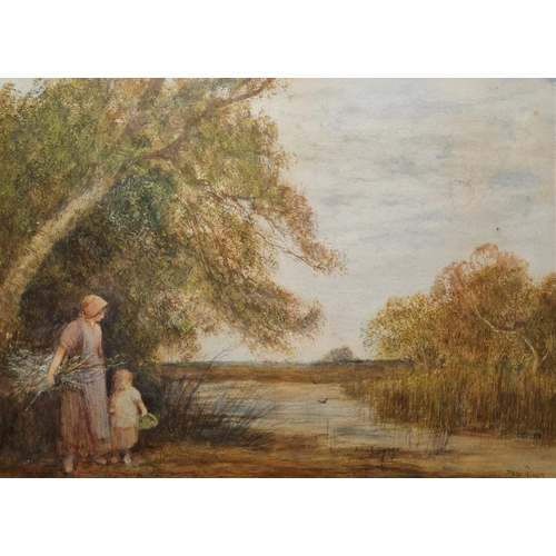 362 - Theodore Hines (1810-1890)
 Watercolour
 'Faggot gatherer and child in river setting', signed lower ... 