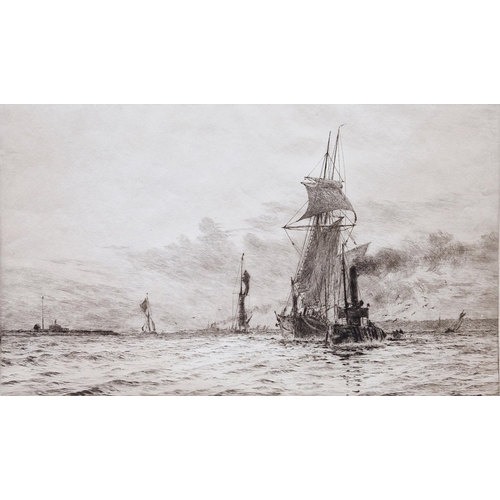 373 - After William Lionel Wyllie (1851-1931)
 Drypoint etching
 Medway shipping scene with tug pulling ta... 