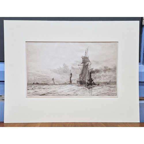 373 - After William Lionel Wyllie (1851-1931)
 Drypoint etching
 Medway shipping scene with tug pulling ta... 