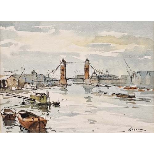 377 - Edward Wesson (1910-1983) 

Watercolour and pen on paper 

Tower Bridge from the Thames, signed lowe... 