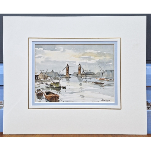 377 - Edward Wesson (1910-1983) 

Watercolour and pen on paper 

Tower Bridge from the Thames, signed lowe... 