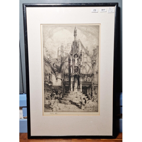 378 - After Hedley Hilton
 Drypoint etching
 The High Cross, Winchester, signed in pencil lower left, fram... 