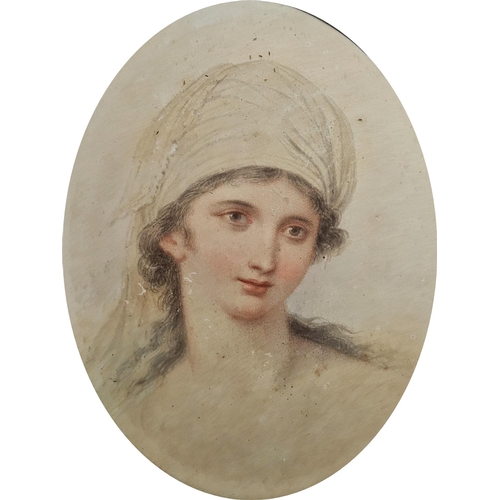 381 - 19th century school
 Watercolour
 Portrait of a young woman wearing white headscarf, unsigned, frame... 