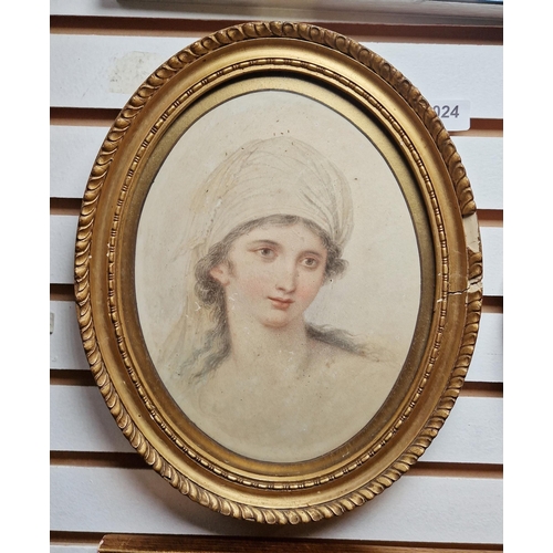 381 - 19th century school
 Watercolour
 Portrait of a young woman wearing white headscarf, unsigned, frame... 