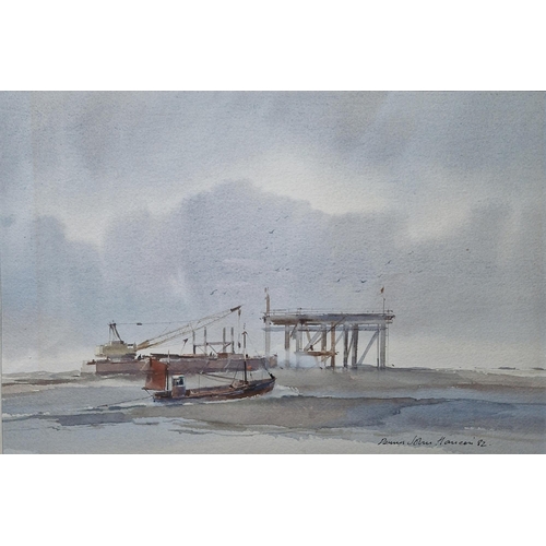 382 - Dennis John Hanceri (British, 1928-2011)
 Watercolour
 'Crane vessel near rig', signed and dated '82... 