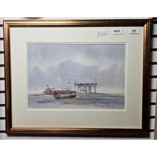 382 - Dennis John Hanceri (British, 1928-2011)
 Watercolour
 'Crane vessel near rig', signed and dated '82... 