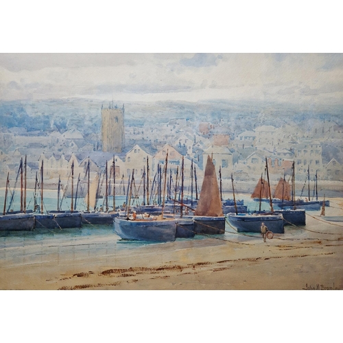 389 - John M Bromley (1858-1939)
 Watercolour
 Coastal scene with fishing boats moored on beach, town and ... 