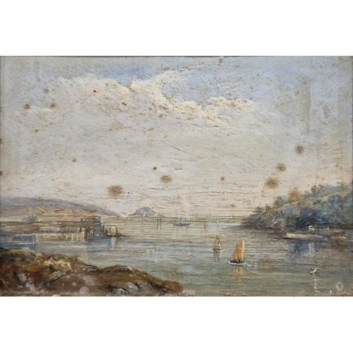 414 - 19th century school
 Oil on tin
 Four miniature oil paintings, three of coastal scenes and one of a ... 