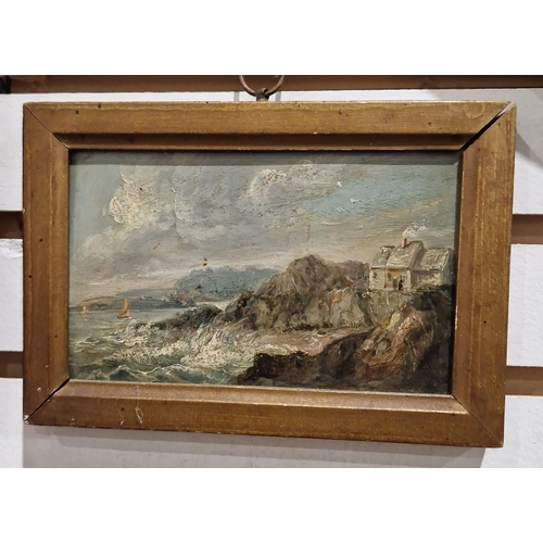 414 - 19th century school
 Oil on tin
 Four miniature oil paintings, three of coastal scenes and one of a ... 