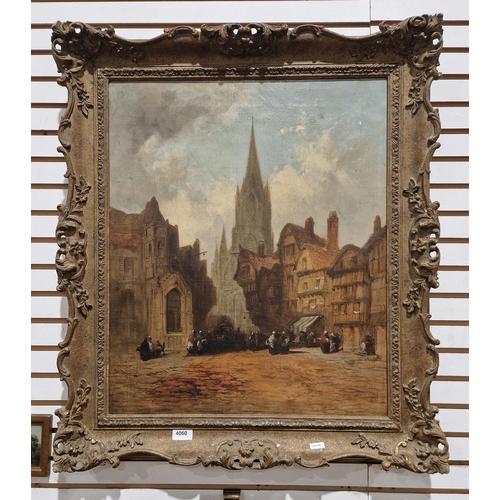 415 - Late 19th century school 
 Oil on canvas 
 View of a market square and church, indistinctly signed l... 