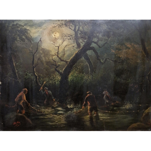 416 - Late 19th/early 20th century school 
 Oil on cardboard panel 
 Moonlit fishing scene, indistinctly s... 