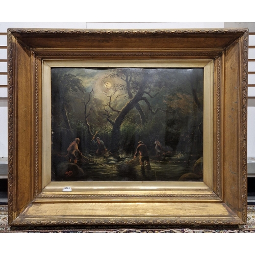 416 - Late 19th/early 20th century school 
 Oil on cardboard panel 
 Moonlit fishing scene, indistinctly s... 