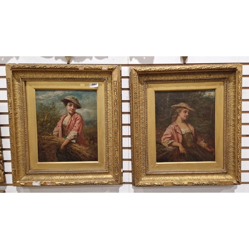 417 - 19th century school
 Pair oils on canvas 
 Half-length studies of a pair of country girls, one in wo... 