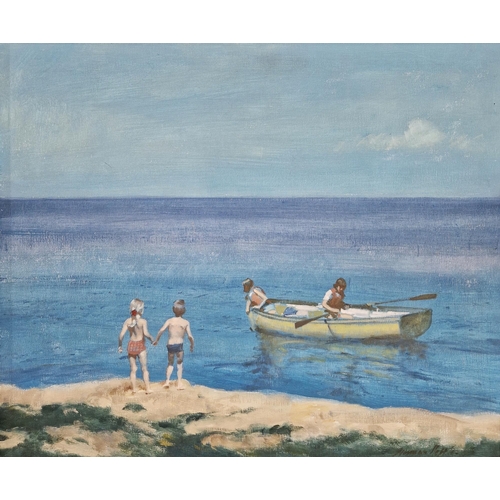 420 - Norman R. Hepple R.A. (British, 1908-1994)
 Oil on panel
 Coastal scene with children on shore and t... 