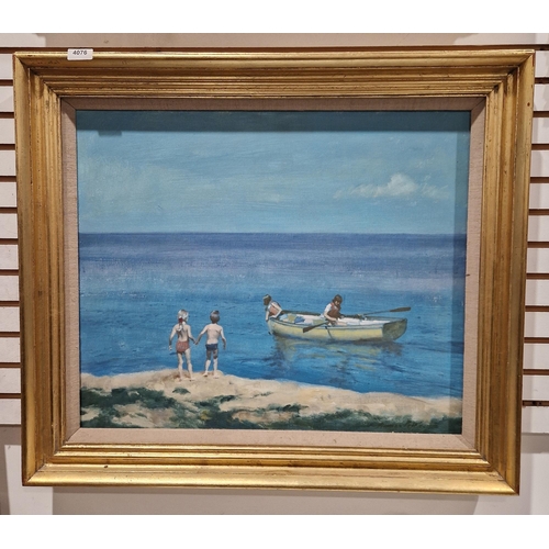 420 - Norman R. Hepple R.A. (British, 1908-1994)
 Oil on panel
 Coastal scene with children on shore and t... 