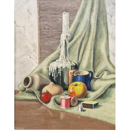 421 - Sylvia Ramsay (20th century)
 Oil on board
 Still life with candle in bottle, signed and dated 1961 ... 