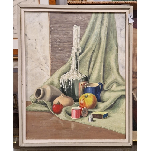 421 - Sylvia Ramsay (20th century)
 Oil on board
 Still life with candle in bottle, signed and dated 1961 ... 