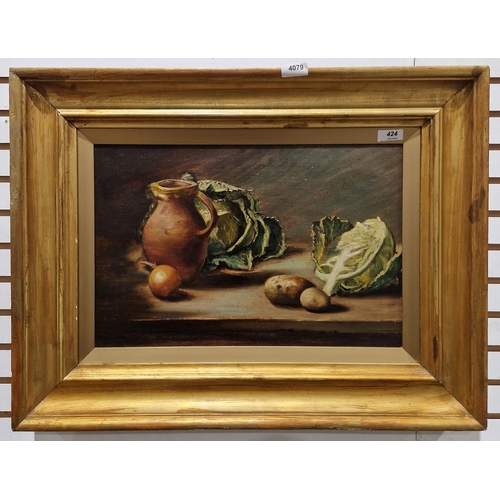 424 - 20th century school
 Oil on canvas
 Still life with cabbages and jug, unsigned, framed, 31cm x 46cm