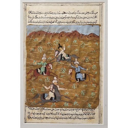 443 - Four Indian miniature paintings, gouache on paper, depicting lovers and battle scenes, below verse, ... 