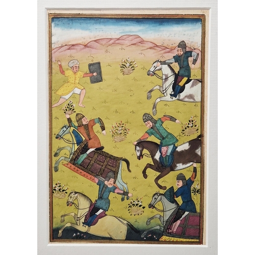 444 - Three Indian miniature paintings, gouache on paper, depicting battle scenes and festivities, mounted... 