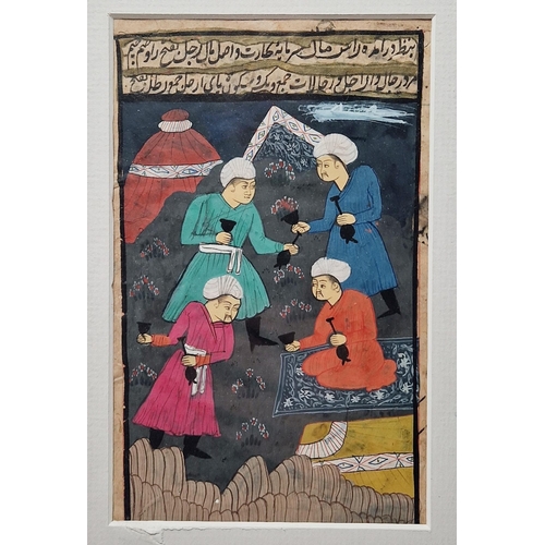 444 - Three Indian miniature paintings, gouache on paper, depicting battle scenes and festivities, mounted... 