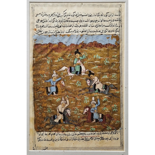 445 - Three Indian miniature paintings, gouache on paper, two depicting a battle scene and another with a ... 