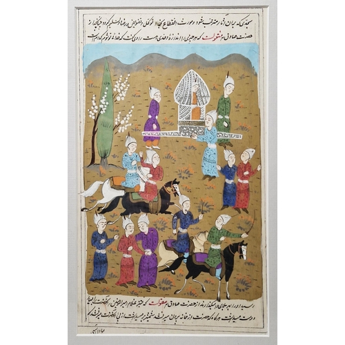 445 - Three Indian miniature paintings, gouache on paper, two depicting a battle scene and another with a ... 